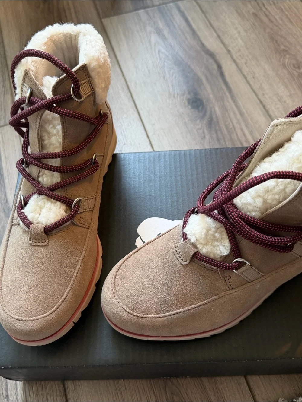 Sorel Tan Suede Winter Boots with Burgundy Laces